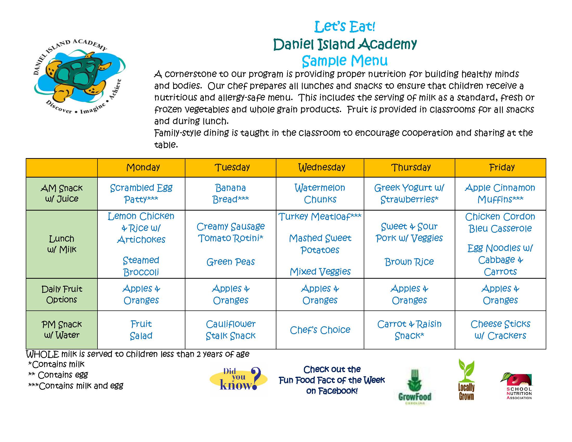 sample menu for daniel island academy